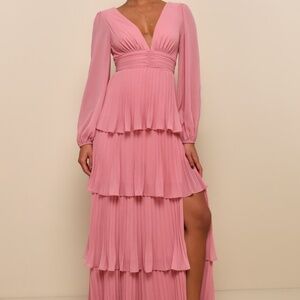 Lulus Graceful Finesse Dusty Rose Pleated Long Sleeve Maxi Dress Pink - Size XS